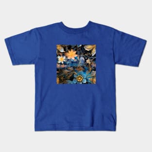 beautiful topaz, aquamarine, black and gold colored floral pattern Kids T-Shirt
